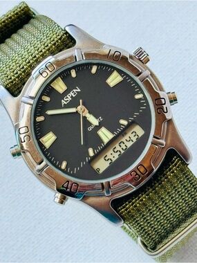 Vintage Aspen Alarm Chronograph 38mm Men's Ana-Digi Watch Gunmetal Black F-JADAE